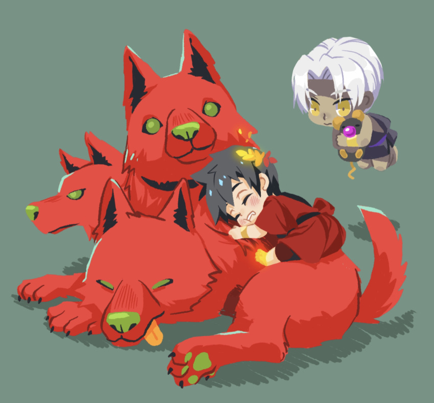 2boys black_hair cerberus_(hades) child closed_eyes dog drooling floating green_eyes hades_(game) joy0220 laurel_crown lying male_focus multiple_boys multiple_heads on_stomach sleeping thanatos_(hades) white_hair younger zagreus_(hades)