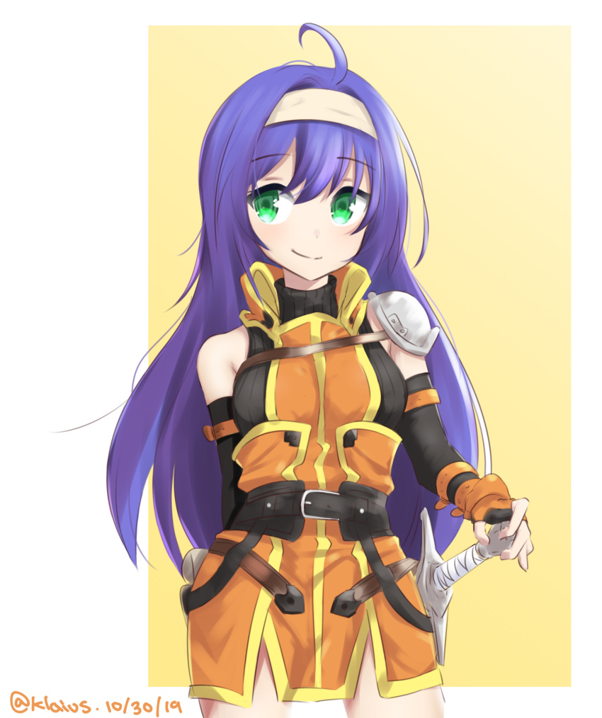 1girl ahoge armor bare_shoulders border closed_mouth cowboy_shot dated fire_emblem fire_emblem:_radiant_dawn green_eyes hairband highres klaius long_hair looking_at_viewer mia_(fire_emblem) purple_hair shoulder_armor simple_background single_spaulder smile solo spaulders standing sword twitter_username weapon white_border yellow_background