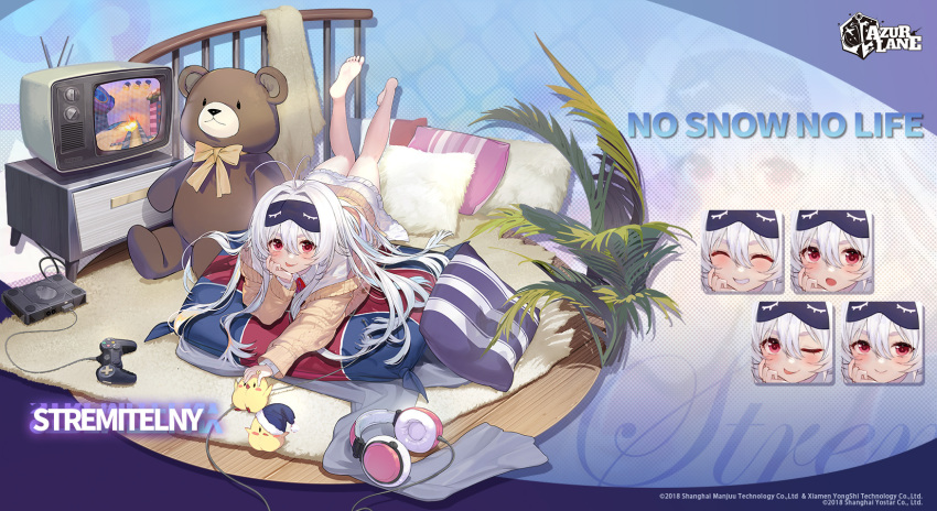 1girl :p artist_request azur_lane bangs bird brown_cardigan cardigan character_name chick closed_eyes collared_dress commentary controller copyright_name cushion dress english_commentary expressions fur-trimmed_headwear game_console game_controller hair_between_eyes hat headphones highres long_hair long_sleeves looking_at_viewer lying manjuu_(azur_lane) mask mask_on_head official_alternate_costume official_art on_stomach one_eye_closed open_mouth promotions red_eyes sleep_mask smile solo stremitelny_(azur_lane) stremitelny_(no_snow_no_life)_(azur_lane) stuffed_animal stuffed_toy teddy_bear teeth television tongue tongue_out white_dress white_hair