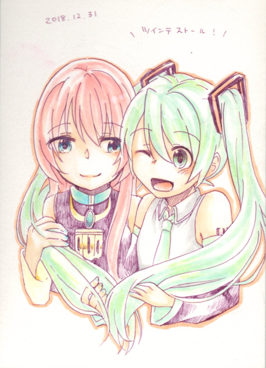 2girls aqua_hair bare_shoulders black_shirt black_sleeves blue_eyes blue_nails cropped_torso dated detached_sleeves green_eyes green_hair hair_scarf hatsune_miku highres holding holding_hair looking_at_viewer megurine_luka mochityoko multiple_girls necktie one_eye_closed open_mouth pink_hair scarf shared_scarf shirt side-by-side smile traditional_media translated upper_body vocaloid white_shirt