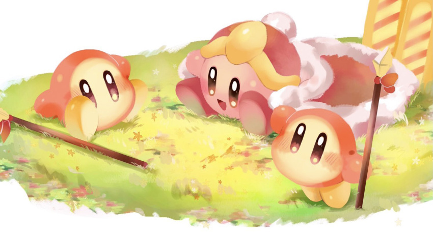 aisu_prpr cape cosplay flower grass hat king_dedede king_dedede_(cosplay) kirby kirby_(series) looking_at_another polearm red_cape red_headwear smile spear waddle_dee weapon white_trim