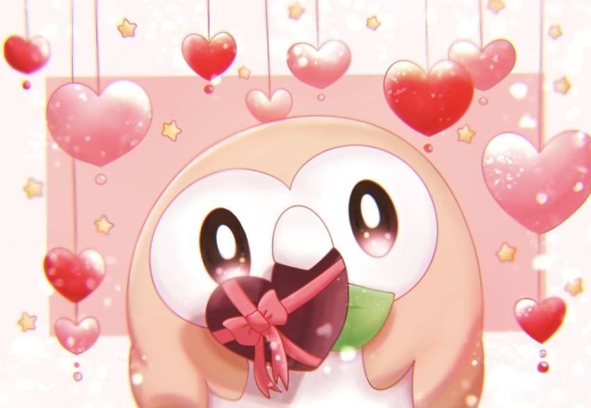 bird blurry brown_eyes commentary_request gen_7_pokemon head_tilt heart looking_at_viewer mouth_hold no_humans owl pink_ribbon pokemon pokemon_(creature) ribbon rowlet solo star_(symbol) ynmr_ll