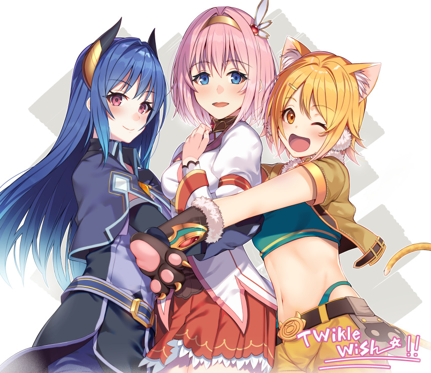 3girls :d ;d absurdres animal_ear_fluff animal_ears bangs belt bikini black_belt black_capelet black_gloves black_shirt black_sleeves blonde_hair blouse blue_eyes blue_hair blush breasts capelet cat_ears cat_paws cat_tail closed_mouth commentary cowboy_shot cropped_jacket curled_horns demon_horns detached_sleeves eyebrows_visible_through_hair frilled_skirt frills fur-trimmed_gloves fur_collar fur_trim girl_sandwich glint gloves green_bikini groin group_picture hair_between_eyes hair_ornament hairband hairclip hand_up highleg highleg_bikini highres hiyori_(princess_connect!) horns hug hug_from_behind huge_filesize jacket large_breasts long_hair long_sleeves looking_at_viewer medium_breasts midriff multiple_girls navel one_eye_closed open_mouth paw_gloves paws pink_hair princess_connect! princess_connect!_re:dive puffy_long_sleeves puffy_sleeves red_skirt rei_(princess_connect!) rumeha_(aormsj22) sandwiched shirt short_hair short_sleeves shorts sidelocks skirt small_breasts smile standing swimsuit tail taut_clothes typo violet_eyes white_background white_blouse yellow_eyes yellow_hairband yellow_jacket yellow_shorts yui_(princess_connect!)