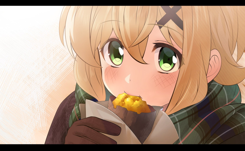 1girl akatsuki_kirika bag blonde_hair blush brown_gloves eating eyebrows_visible_through_hair gloves green_eyes green_scarf hair_between_eyes hair_ornament highres holding nyanmaru plaid plaid_scarf portrait scarf senki_zesshou_symphogear shiny shiny_hair short_hair solo x_hair_ornament