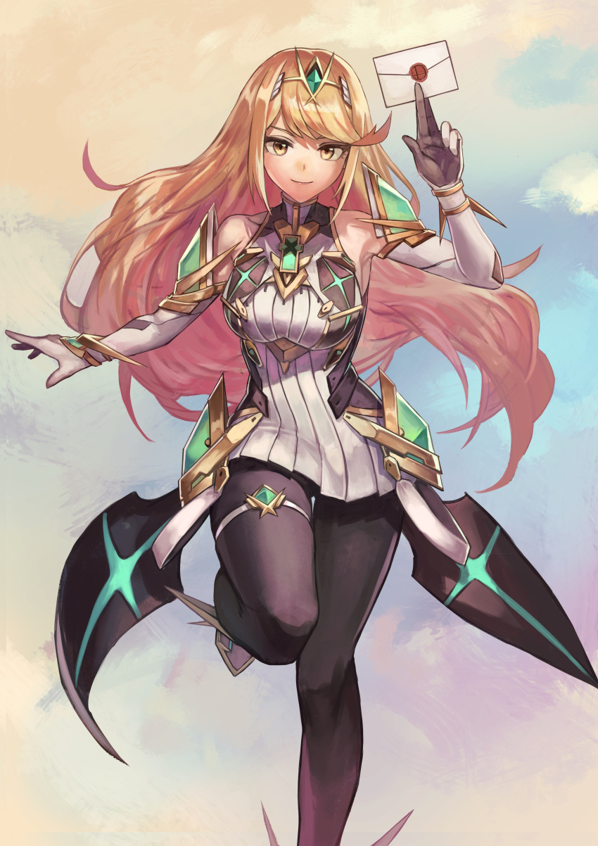 1girl absurdres bangs bare_shoulders black_legwear blonde_hair breasts chest_jewel dress earrings elbow_gloves full_body gem gloves headpiece highres jewelry large_breasts long_hair looking_at_viewer mythra_(xenoblade) pantyhose s_seiya65698422 short_dress smash_invitation smile solo super_smash_bros. swept_bangs sword thigh_strap tiara very_long_hair weapon white_dress white_gloves xenoblade_chronicles_(series) xenoblade_chronicles_2 yellow_eyes