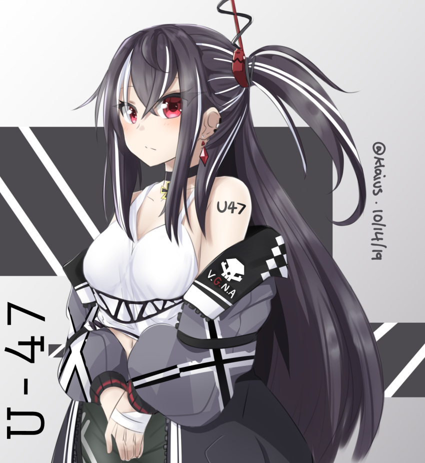 1girl azur_lane bandaged_hands bandages black_choker breasts character_request choker closed_mouth cross_choker dated green_pants grey_hair grey_jacket highres iron_cross jacket klaius large_breasts long_hair looking_at_viewer multicolored_hair off_shoulder one_side_up pants red_eyes solo streaked_hair twitter_username u-47_(azur_lane) v_arms