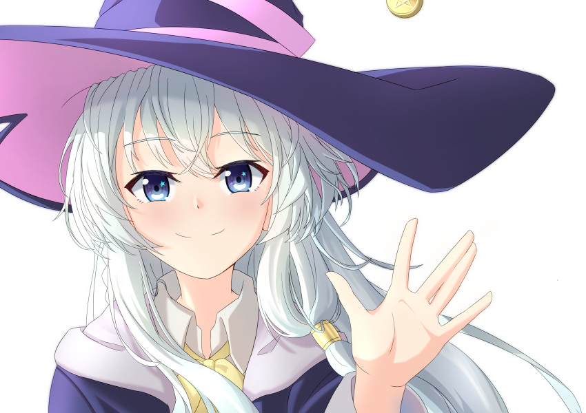 +_+ 1girl absurdres bangs black_headwear black_robe blue_eyes bow bowtie closed_mouth collared_shirt commentary_request dress_shirt elaina_(majo_no_tabitabi) eyebrows_visible_through_hair grey_hair hair_between_eyes hand_up hat highres long_hair long_sleeves looking_at_viewer majo_no_tabitabi open_hand portrait qoopxi shirt simple_background smile solo white_background white_shirt witch_hat yellow_neckwear