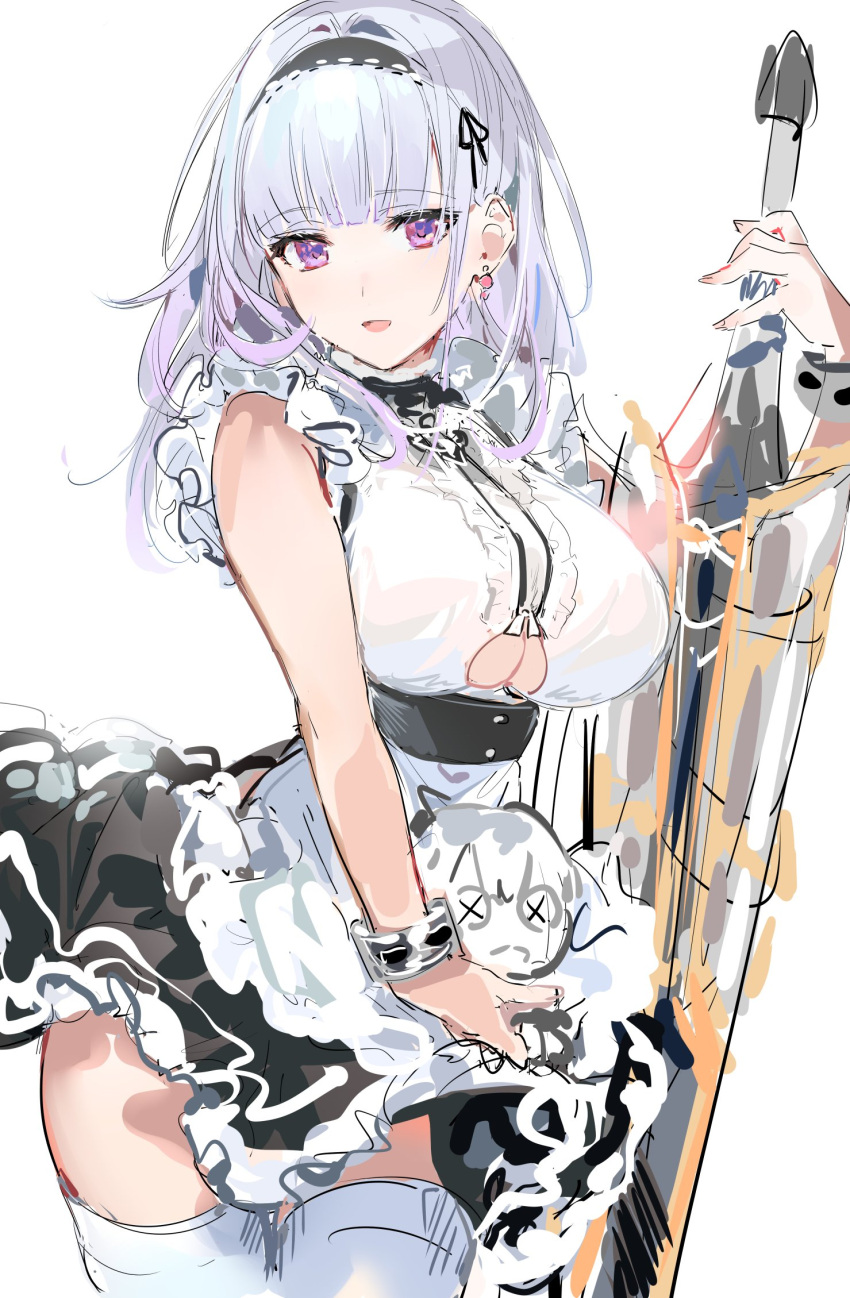 azur_lane black_skirt bracelet breasts clothing_cutout cowboy_shot dido_(azur_lane) earrings eyebrows_visible_through_hair frilled_skirt frills gradient_hair hair_intakes hairband highres holding holding_sword holding_weapon jewelry large_breasts looking_at_viewer multicolored_hair shirt silver_hair sketch skirt sleeveless smile standing sword thigh-highs umibouzu_(niito) under_boob underboob_cutout violet_eyes weapon white_legwear white_shirt zettai_ryouiki