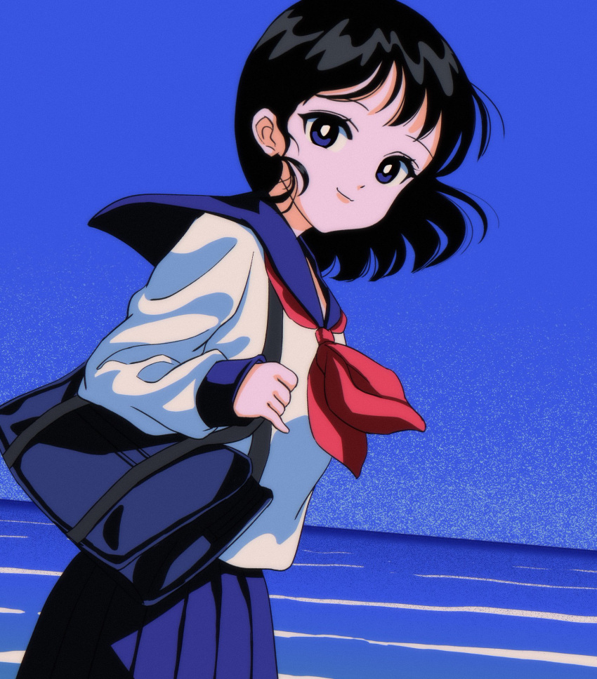 1980s_(style) 1girl bag black_hair blue_eyes blue_skirt floating_hair from_side highres holding holding_bag looking_at_viewer mahosame medium_hair ocean original retro_artstyle sailor_collar school_bag school_uniform serafuku skirt smile solo summer