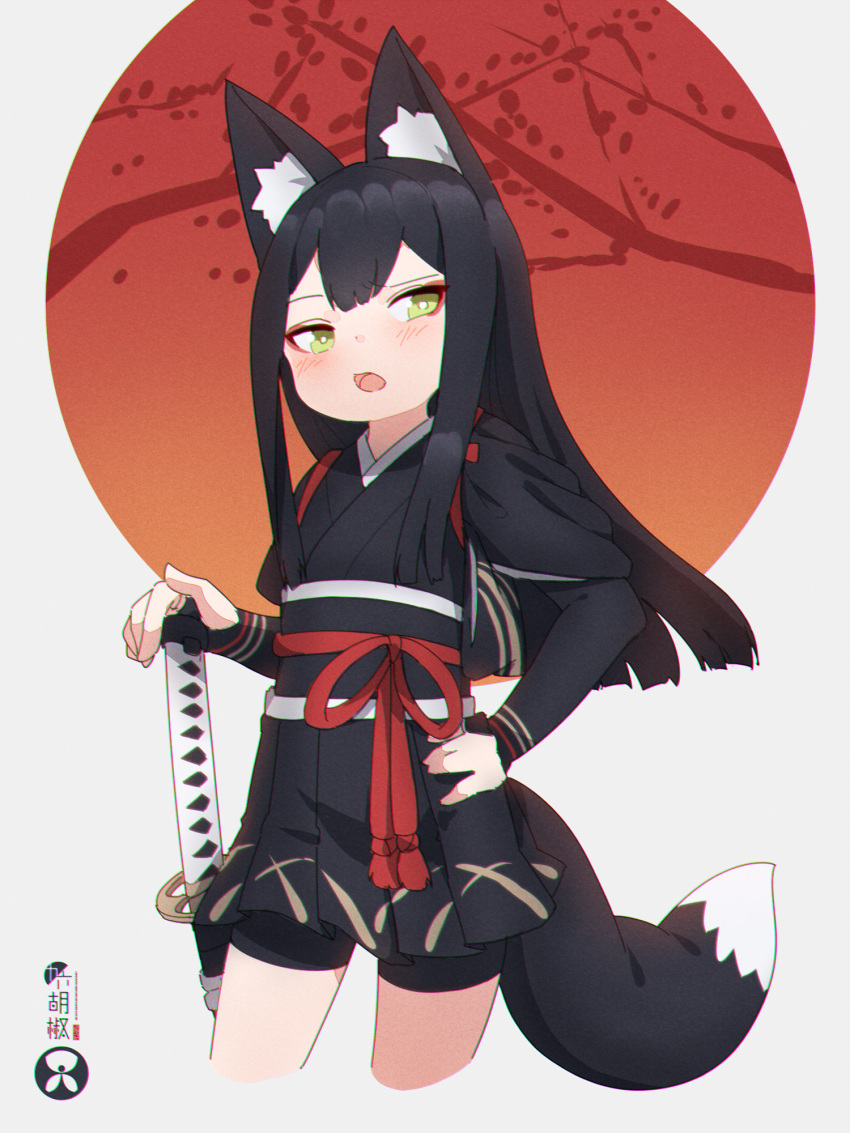 1girl animal_ear_fluff animal_ears bangs bike_shorts black_hair black_kimono black_shorts black_skirt blush bridal_gauntlets commentary_request eyebrows_visible_through_hair fox_ears fox_girl fox_tail green_eyes grey_background hand_on_hilt highres japanese_clothes katana kimono kuro_kosyou long_hair long_sleeves open_mouth original pleated_skirt short_shorts short_sleeves shorts shorts_under_skirt skirt solo sword tail tasuki very_long_hair weapon wide_sleeves yui_(kuro_kosyou)