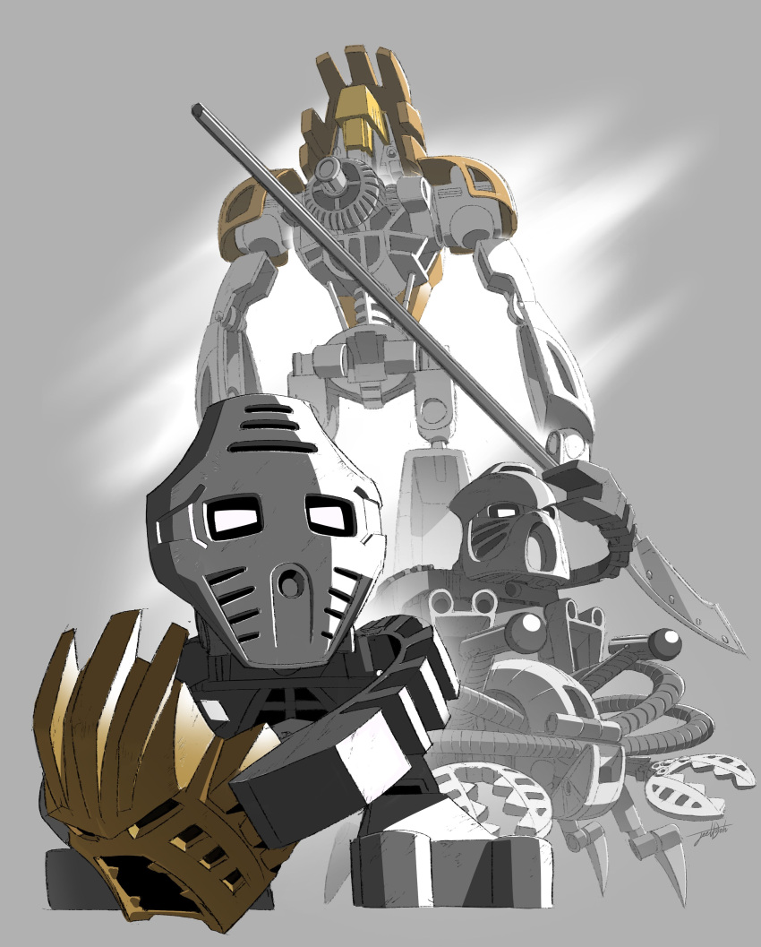 3boys absurdres armor bionicle crab gears gold_armor highres jaller_(bionicle) jeetdoh lego mask multiple_boys pewku_(bionicle) pincers riding sitting staff standing takanuva_(bionicle) takua_(bionicle) the_lego_group weapon yellow_eyes