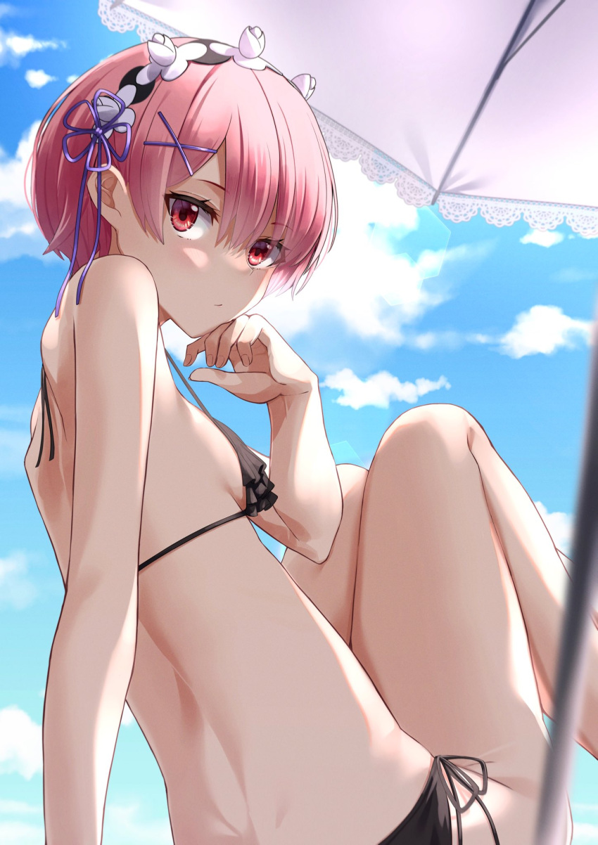 1girl arm_support bangs bare_legs beach_umbrella bikini black_bikini blue_sky blurry breasts closed_mouth clouds day from_behind hair_between_eyes hair_ornament hand_on_own_chin highres kiona_(giraffe_kiona) looking_at_viewer looking_back maid_headdress outdoors pink_hair ram_(re:zero) re:zero_kara_hajimeru_isekai_seikatsu red_eyes ribbon short_hair side-tie_bikini sitting sky small_breasts solo swimsuit umbrella x_hair_ornament