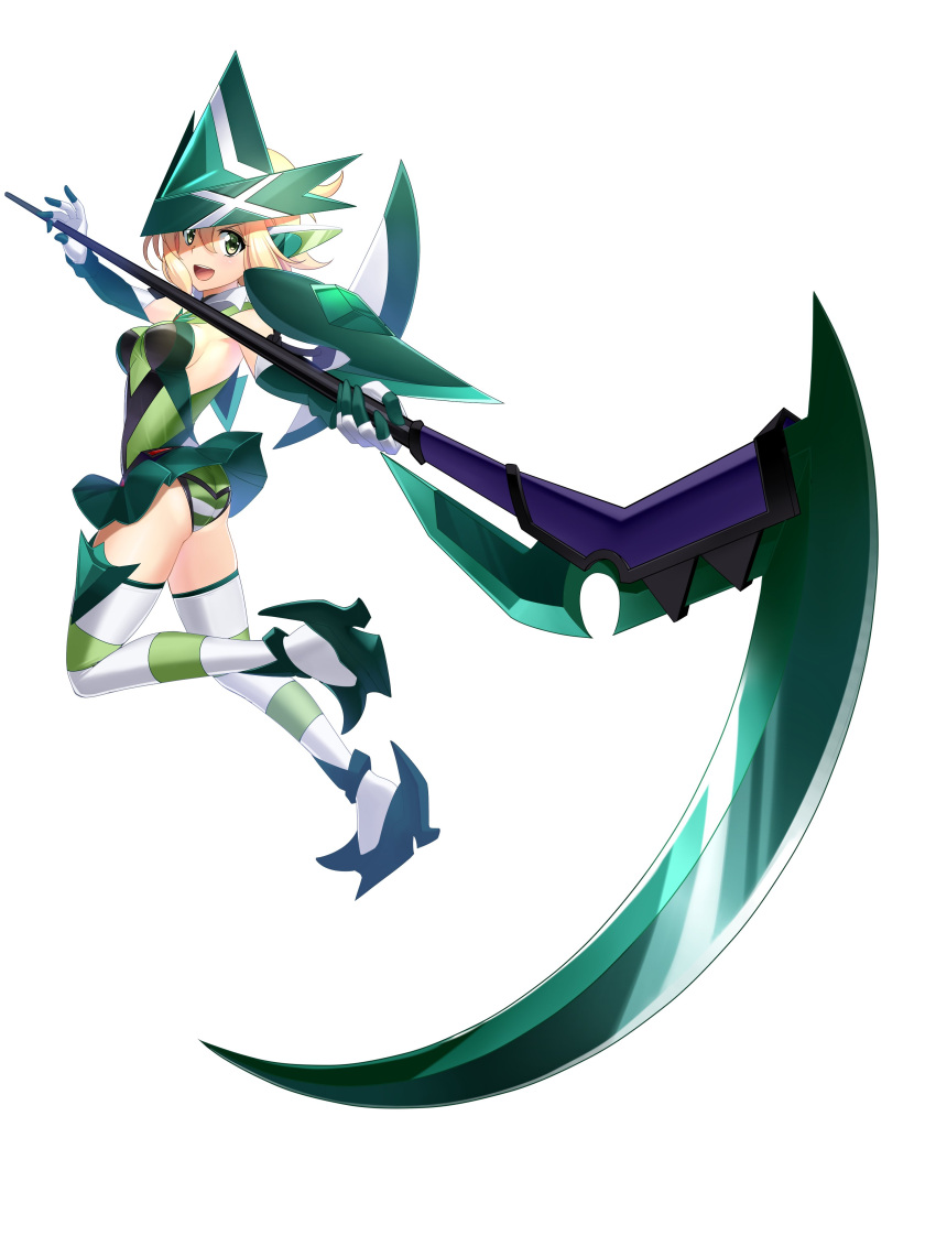 1girl :d absurdres akatsuki_kirika armor bangs black_sleeves blonde_hair breasts detached_sleeves floating_hair full_body gloves green_eyes green_skirt hair_between_eyes helmet highres holding holding_scythe medium_breasts miniskirt nyanmaru open_mouth panties pleated_skirt scythe senki_zesshou_symphogear shoulder_armor sideboob simple_background skirt skirt_lift smile solo striped striped_legwear striped_panties thigh-highs underwear white_background white_gloves