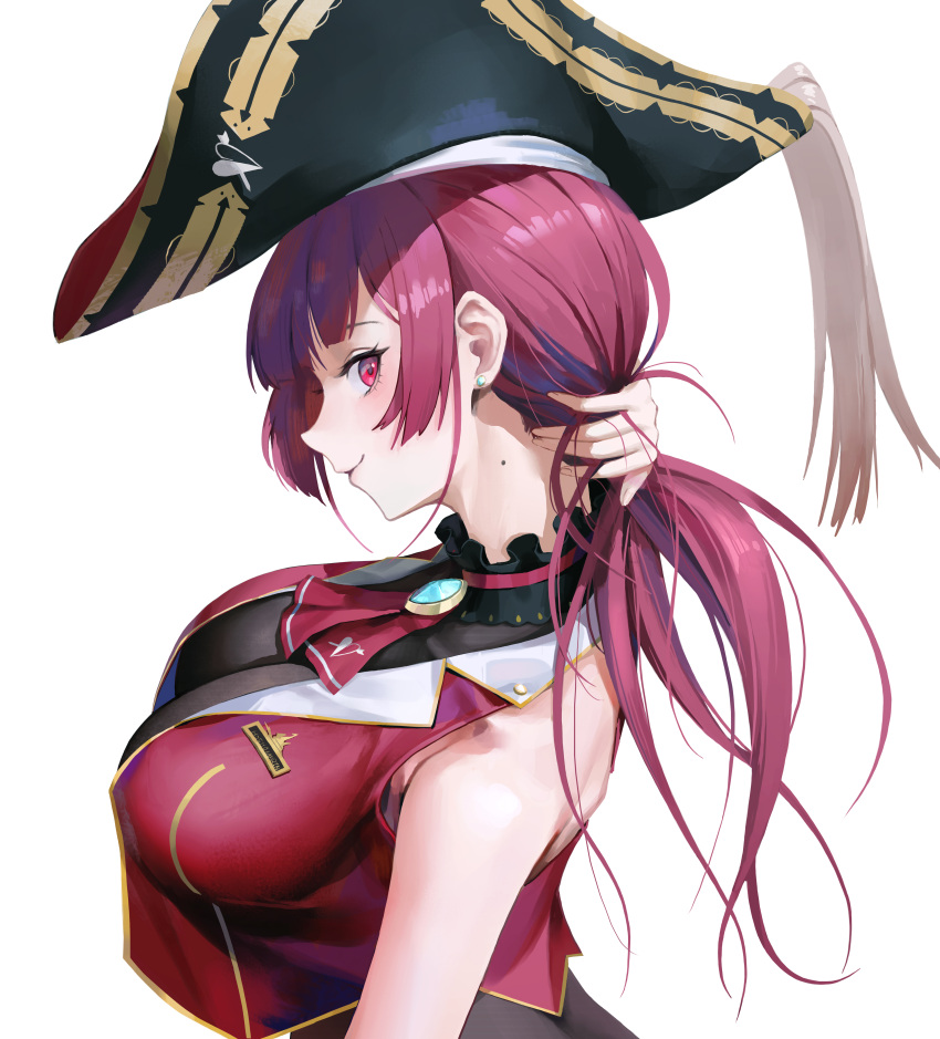 1girl absurdres arrow_through_heart black_choker choker closed_mouth commentary frilled_choker frills hat highres holding holding_hair hololive houshou_marine jacket looking_at_viewer mole natsugou_shinogi pirate_hat red_eyes red_jacket redhead simple_background sleeveless smile solo upper_body white_background