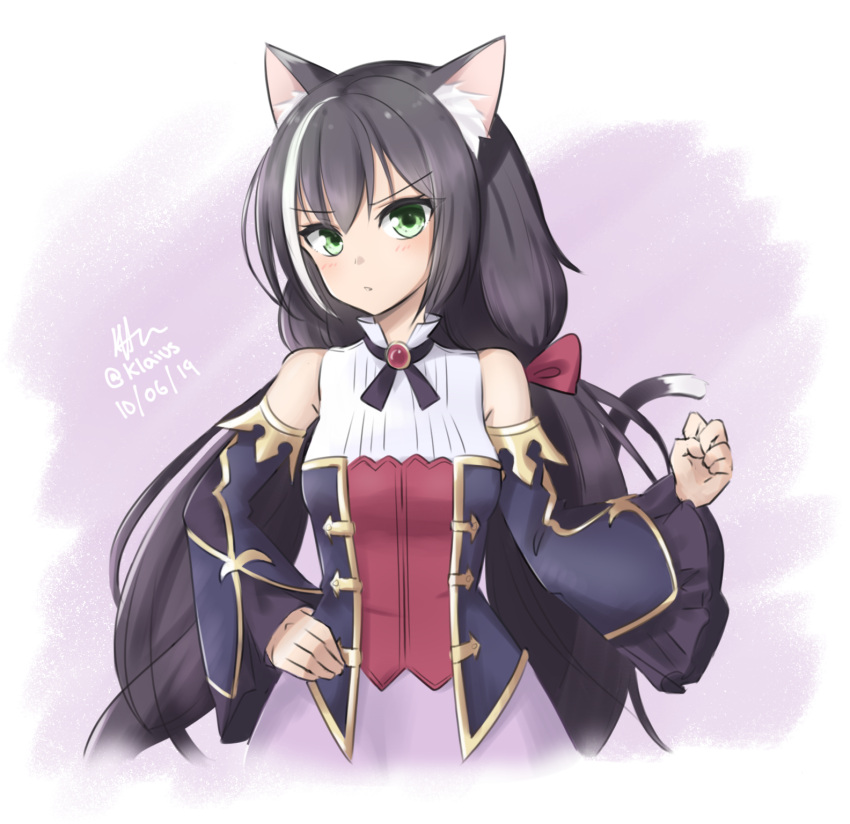 1girl animal_ears bare_shoulders black_hair black_ribbon blush border breasts brooch cat_ears cat_tail closed_mouth commentary dated detached_sleeves green_eyes hand_on_hip highres jewelry karyl_(princess_connect!) klaius long_hair long_sleeves looking_at_viewer low_twintails medium_breasts multicolored_hair neck_ribbon princess_connect! princess_connect!_re:dive purple_background ribbon signature solo streaked_hair tail twintails twitter_username vest white_border wide_sleeves
