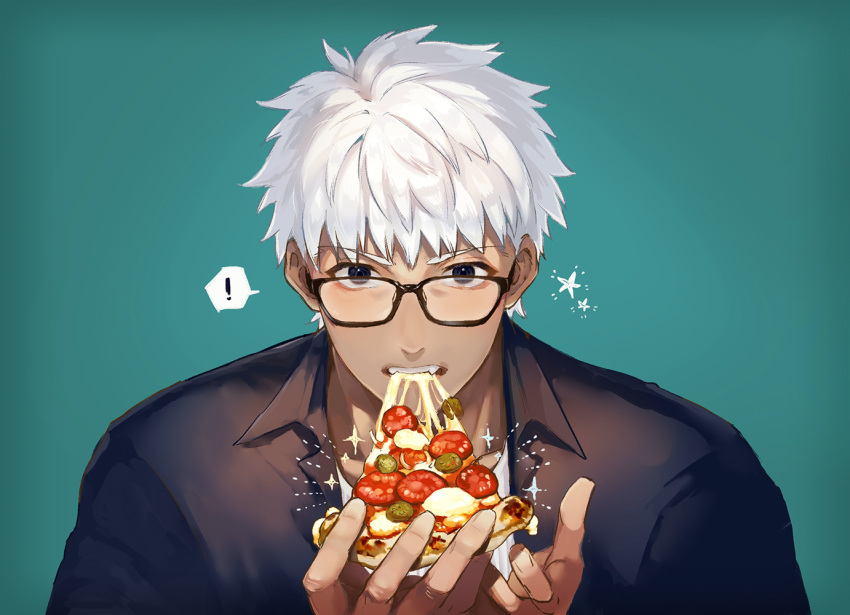 ! 1boy alternate_costume archer black-framed_eyewear black_eyes cheese collared_shirt commentary_request dark_skin dark_skinned_male eating fangs fate/stay_night fate_(series) food glasses gloves green_background hands_up holding looking_at_viewer male_focus pizza shibanui shirt short_hair simple_background solo spoken_exclamation_mark star_(symbol) star_print white_hair