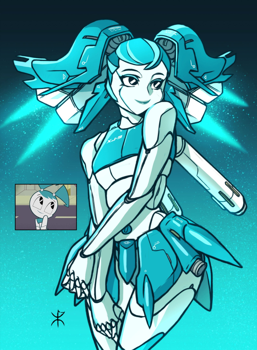 apoloniodraws black_hair blue_background blue_hair blue_skirt highres jennifer_wakeman looking_away my_life_as_a_teenage_robot navel robot rocket skirt smile twintails xj9