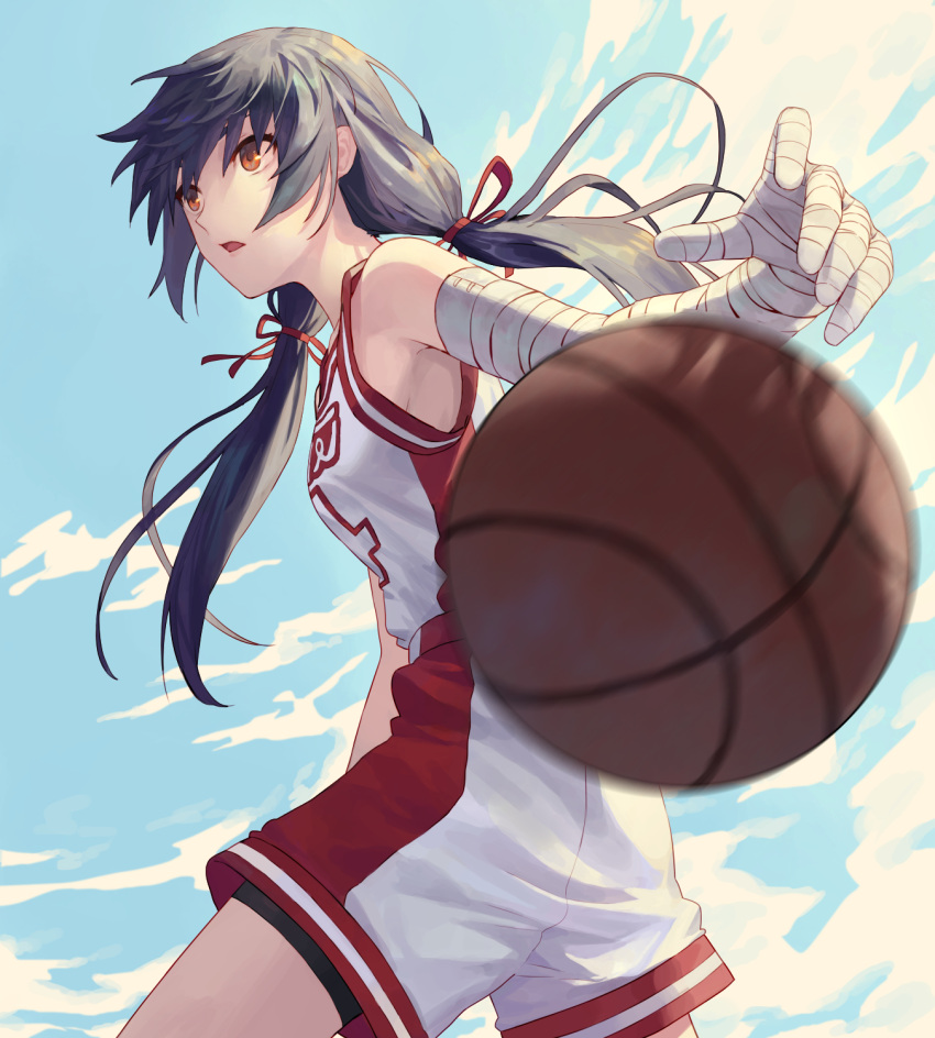1girl 7aehyun ball bandaged_arm bandages basketball basketball_uniform bike_shorts black_hair blue_sky breasts brown_eyes clouds day from_side hair_ribbon highres kanbaru_suruga long_hair looking_to_the_side low_twintails monogatari_(series) open_mouth red_ribbon ribbon shorts sky solo sportswear standing tomboy twintails