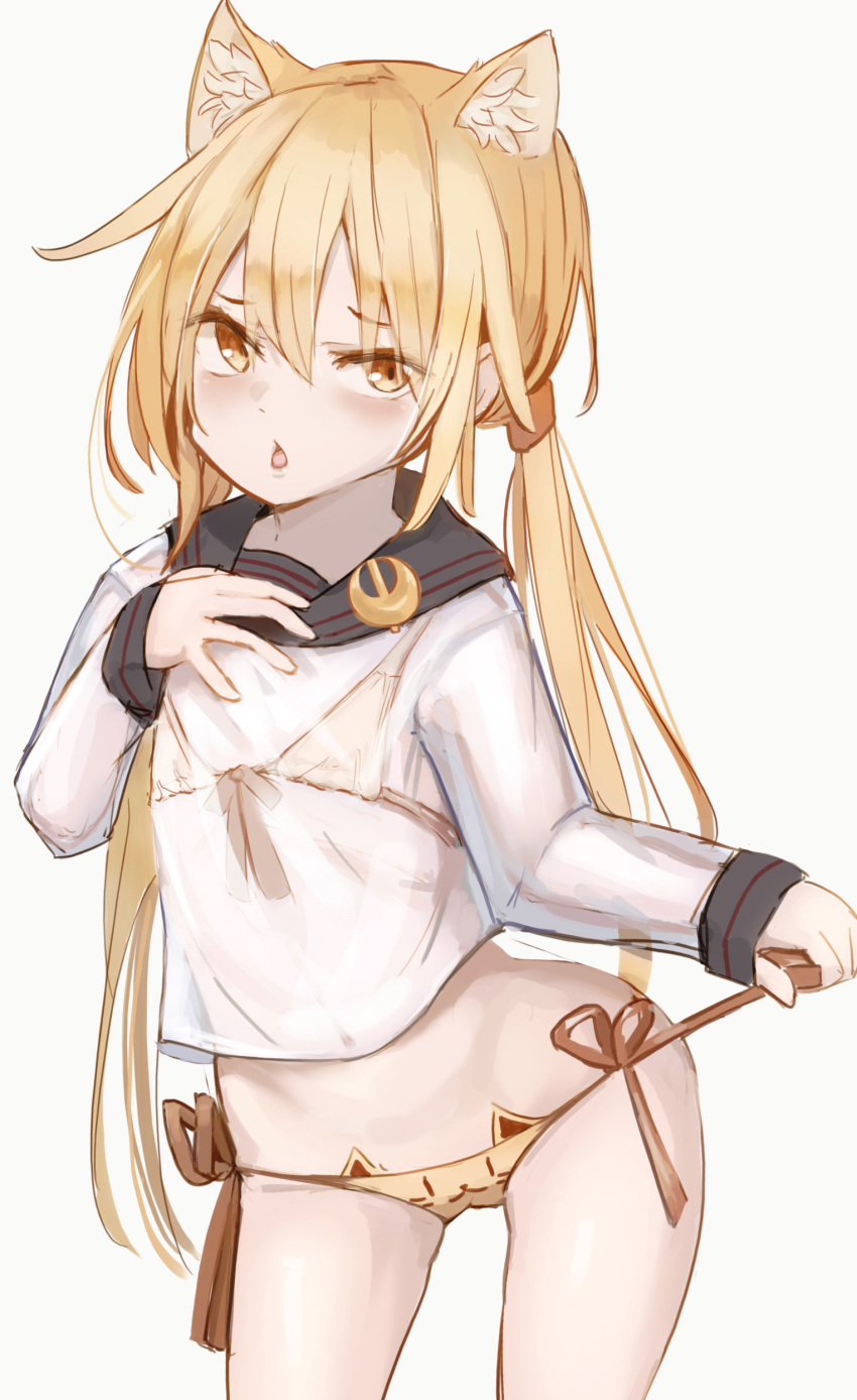 1girl absurdres animal_ears bikini bikini_under_clothes black_sailor_collar blonde_hair cat_ears commentary_request crescent crescent_pin flat_chest front-tie_top highres kantai_collection logiclr long_hair looking_at_viewer sailor_collar sailor_shirt satsuki_(kancolle) school_uniform see-through serafuku shirt side-tie_bikini simple_background solo standing swimsuit swimsuit_under_clothes twintails white_background yellow_bikini yellow_eyes
