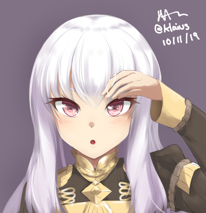 1girl bangs blush dated fire_emblem fire_emblem:_three_houses hand_up klaius long_hair long_sleeves looking_at_viewer lysithea_von_ordelia military military_uniform parted_lips pink_eyes signature solo twitter_username uniform upper_body white_hair