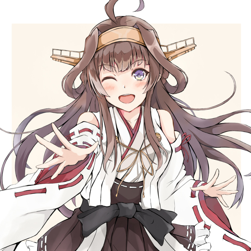 1girl ahoge brown_hair brown_skirt commentary_request dairyo3 detached_sleeves double_bun hairband headgear japanese_clothes kantai_collection kongou_(kancolle) long_hair looking_at_viewer one_eye_closed pleated_skirt ribbon-trimmed_sleeves ribbon_trim simple_background skirt solo violet_eyes white_background