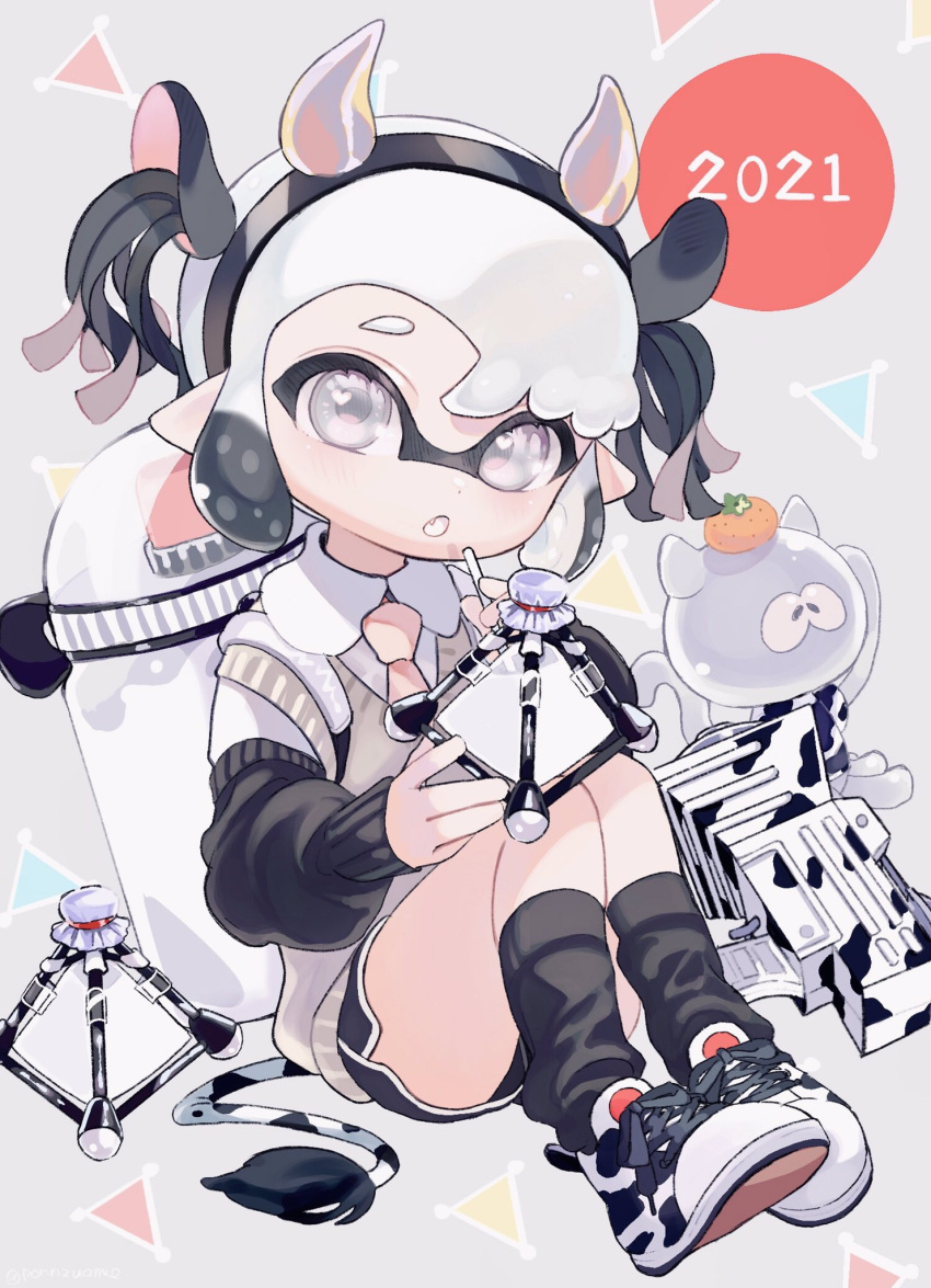1girl 2021 amezawa_koma animal_ears animal_print black_hair black_legwear black_shorts black_sleeves collared_shirt cow_ears cow_horns cow_print cow_tail cross-laced_footwear dolphin_shorts domino_mask drinking_straw fake_animal_ears fake_horns fang food fruit grey_eyes grey_sweater highres holding holding_weapon horns ink_tank_(splatoon) inkling jellyfish long_sleeves looking_at_viewer mask multicolored_hair necktie new_year open_mouth orange pink_neckwear pointy_ears print_footwear shirt shoes short_hair short_shorts short_twintails shorts silver_hair sitting sneakers socks splat_bomb_(splatoon) splatoon_(series) splatoon_2 splattershot_jr_(splatoon) sweater sweater_vest tail tentacle_hair twintails two-tone_hair v-neck weapon white_footwear