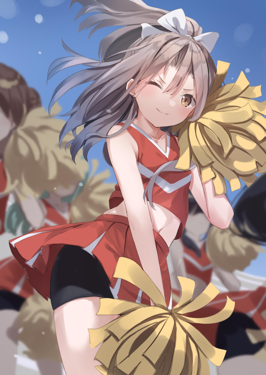 5girls alternate_costume bike_shorts black_shorts bow brown_eyes cheering cheerleader crop_top crop_top_overhang flat_chest hair_bow high_ponytail highres holding holding_pom_poms kantai_collection light_brown_hair long_hair midriff multiple_girls natsuki_(gedo) navel one_eye_closed pleated_skirt pom_poms red_shirt red_skirt shirt shorts shorts_under_skirt skirt sleeveless sleeveless_shirt smile solo_focus white_bow zuihou_(kancolle)