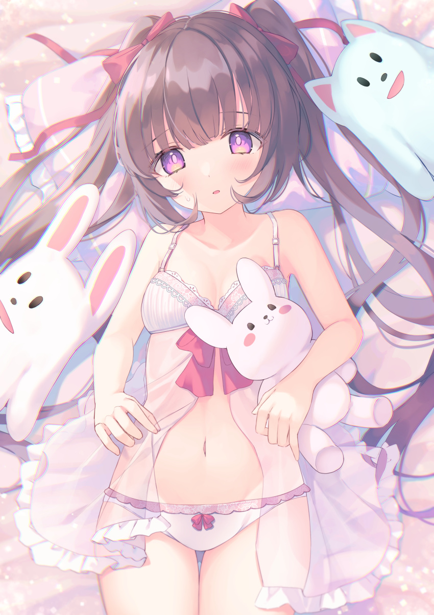 1girl absurdres bare_shoulders blush bow bow_bra bow_hairband bra breasts brown_hair collarbone hair_between_eyes hair_ribbon hairband highres jacket long_hair looking_at_viewer lying miyanome moe2021 navel on_back open_clothes open_jacket open_mouth open_shirt original panties pillow rabbit red_ribbon ribbon ribbon_bra simple_background small_breasts solo toy underwear violet_eyes white_panties