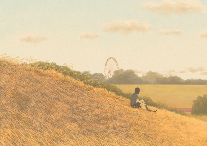 1girl black_footwear black_hair black_shorts clouds ferris_wheel grass grey_legwear highres original outdoors shoes short_hair shorts sitting socks solo_focus suspenders tree_branch wide_shot yomoya_oc10