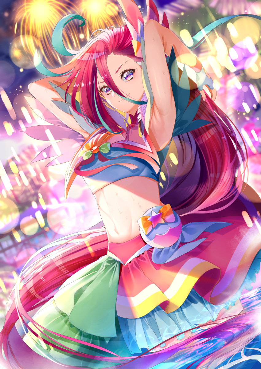 1girl absurdres armpits bangs blue_hair bow closed_mouth cowboy_shot crop_top cure_flamingo fireworks hair_between_eyes highres layered_skirt long_hair looking_at_viewer magical_girl midriff multicolored_hair orange_bow pouch precure red_skirt redhead skirt smile solo standing star_(symbol) streaked_hair takizawa_asuka tropical-rouge!_precure two-tone_hair violet_eyes water wet white_skirt yuutarou_(fukiiincho)