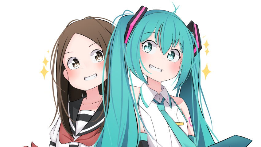 2girls ahoge aqua_eyes aqua_hair aqua_neckwear bangs bare_shoulders brown_eyes brown_hair collarbone collared_shirt commentary_request cropped_torso detached_sleeves dress_shirt eyebrows_visible_through_hair frillism grin hair_between_eyes hatsune_miku highres karakai_jouzu_no_takagi-san light_blush long_hair looking_at_another multiple_girls necktie number_tattoo open_mouth sailor_collar school_uniform shirt short_sleeves shoulder_tattoo simple_background sleeveless sleeveless_shirt smile takagi-san tattoo teeth trait_connection twintails vocaloid white_background white_shirt