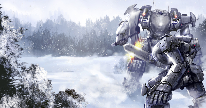 axe commission english_commentary fighting highres holding holding_axe looking_down mecha motion_blur mountain no_humans open_hand original pine_tree radio_antenna rickyryan science_fiction snow sparks tree winter wrist_blades