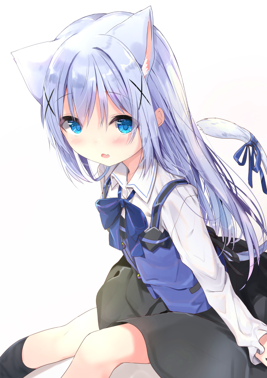 1girl animal_ear_fluff animal_ears bangs black_legwear black_skirt blue_bow blue_ribbon blue_vest blush bow cat_ears cat_girl cat_tail collared_shirt commentary_request eyebrows_visible_through_hair fang feet_out_of_frame gochuumon_wa_usagi_desu_ka? hair_between_eyes hair_ornament highres kafuu_chino kemonomimi_mode kouda_suzu long_hair long_sleeves looking_at_viewer open_mouth rabbit_house_uniform ribbon shadow shirt sitting skirt socks solo tail tail_ornament tail_ribbon uniform very_long_hair vest waitress white_background white_shirt x_hair_ornament