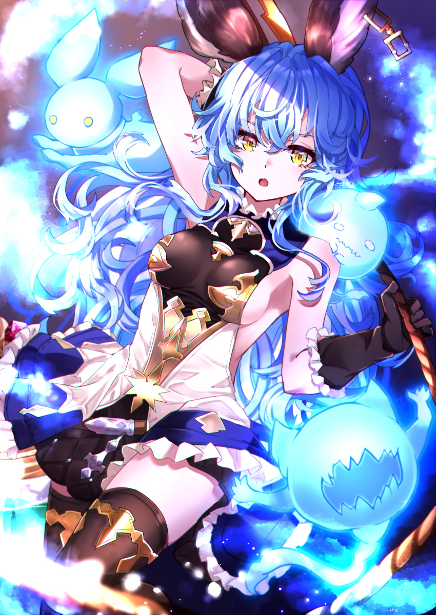 1girl absurdres animal animal_ears armpit_crease armpit_peek backless_dress backless_outfit bangs black_background blue_hair breasts brown_gloves dress earrings erune ferry_(granblue_fantasy) frilled_skirt frills geegee_(granblue_fantasy) ghost gloves granblue_fantasy hair_between_eyes highres holding holding_weapon jewelry long_hair looking_at_viewer medium_breasts no_bra open_mouth sideboob simple_background single_earring skirt sleeveless smile solo thigh-highs wavy_hair weapon whip yellow_eyes yoake