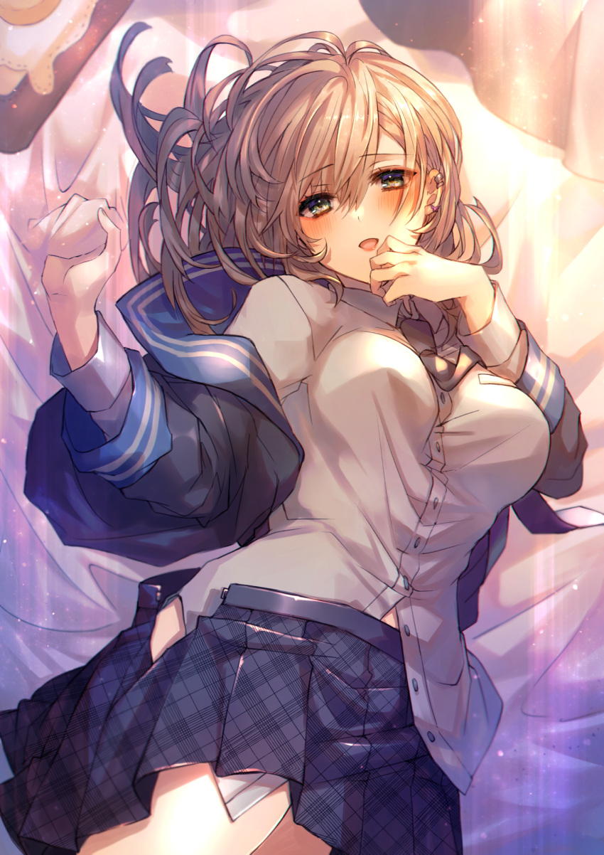 1girl :d bangs black_neckwear black_shirt blue_sailor_collar blue_skirt blush breasts brown_hair collared_shirt commentary_request dress_shirt eyebrows_visible_through_hair green_eyes hair_between_eyes hands_up highres long_hair lying medium_breasts moe2021 necktie on_back open_clothes open_mouth open_shirt open_skirt original pleated_skirt sailor_collar school_uniform serafuku sheet_grab shikino_yuki shirt skirt smile solo white_shirt