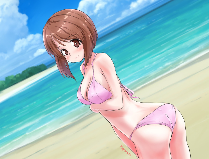 1girl abimaru_gup ass back bangs beach bikini blue_sky blurry blurry_background blush breast_hold breasts brown_eyes brown_hair closed_mouth clouds cloudy_sky day depth_of_field dutch_angle eyebrows_visible_through_hair from_side girls_und_panzer highres horizon looking_at_viewer looking_back medium_hair nishizumi_miho ocean outdoors pink_bikini shore short_hair sky smile solo standing swimsuit twitter_username water
