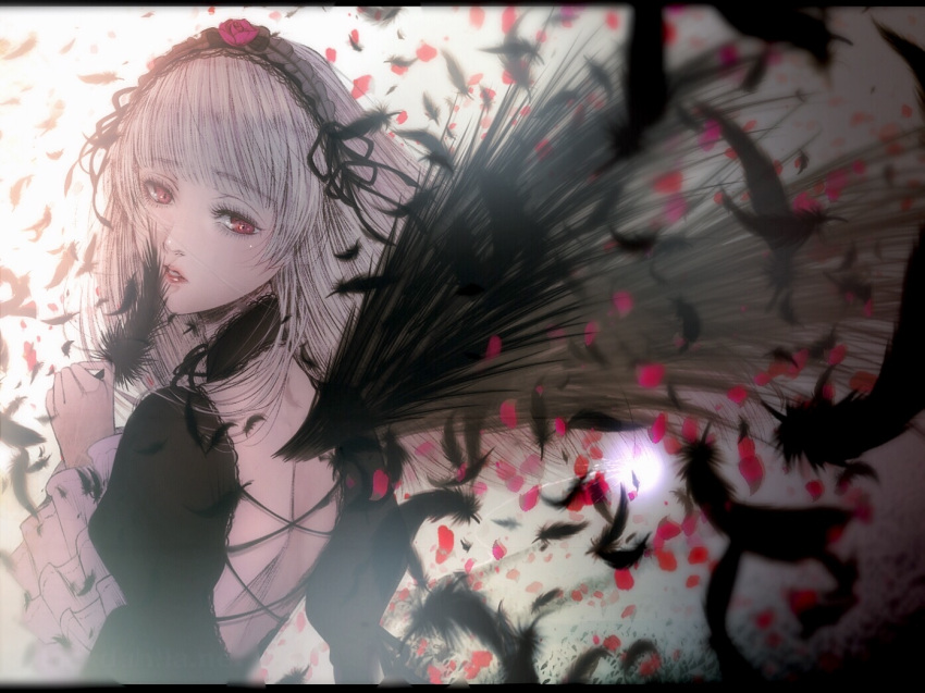 1girl back bangs black_feathers black_wings blunt_bangs bonnet choker eyebrows_visible_through_hair eyelashes feathered_wings feathers floating_hair frilled_sleeves frills from_behind gothic_lolita hairband holding holding_feather lolita_fashion lolita_hairband looking_back petals red_eyes ribbon rose_petals rozen_maiden sad satsuki_kei silver_hair solo suigintou wide_sleeves wings