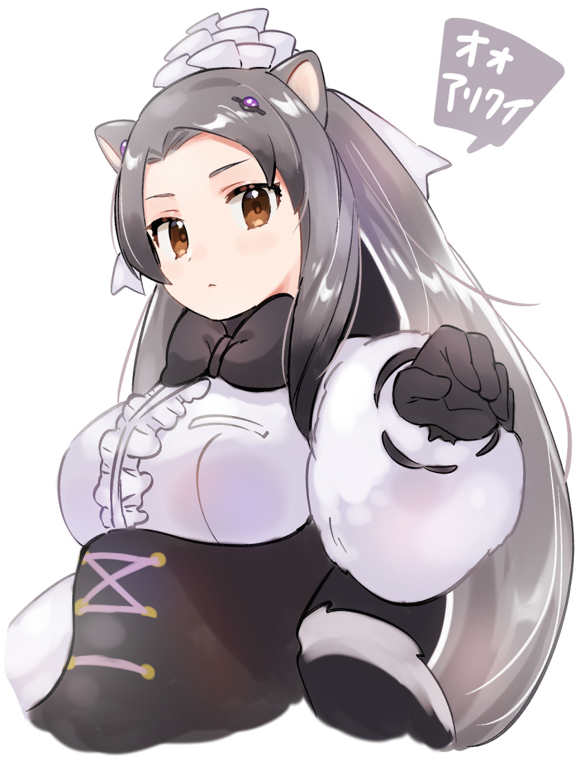 1girl anteater_ears anteater_tail black_corset black_gloves black_neckwear bow bowtie brown_eyes center_frills corset eyebrows_visible_through_hair frills fur_sleeves giant_anteater_(kemono_friends) gloves highres kemono_friends long_hair long_sleeves looking_at_viewer pointing shirt silver_hair solo suicchonsuisui white_shirt