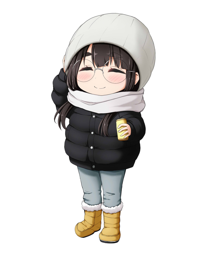 1girl arm_up bangs beanie black_hair black_jacket blue_pants blush boots brown_footwear chibi closed_eyes closed_mouth cup eyebrows_visible_through_hair facing_viewer full_body fur-trimmed_boots fur_trim glasses grey_headwear grey_scarf hat highres holding holding_cup jacket kuena pants round_eyewear scarf simple_background solo standing thick_eyebrows toba_minami white_background yurucamp