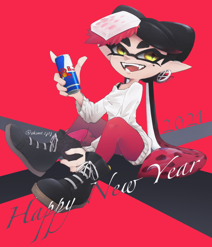 +_+ 1girl 2021 bangs black_footwear black_hair callie_(splatoon) can commentary_request domino_mask earrings english_commentary english_text fangs food food_on_head gradient_hair happy_new_year highres holding holding_can jewelry logo_parody long_hair looking_at_another mask mole mole_under_eye multicolored_hair new_year object_on_head off-shoulder_sweater off_shoulder okome_2g2g open_mouth pantyhose pointy_ears purple_legwear red_background red_bull redhead shirt_straps shoes sitting smile sneakers solo splatoon_(series) straight-laced_footwear sushi sweater swept_bangs tentacle_hair twitter_username very_long_hair white_sweater yellow_eyes