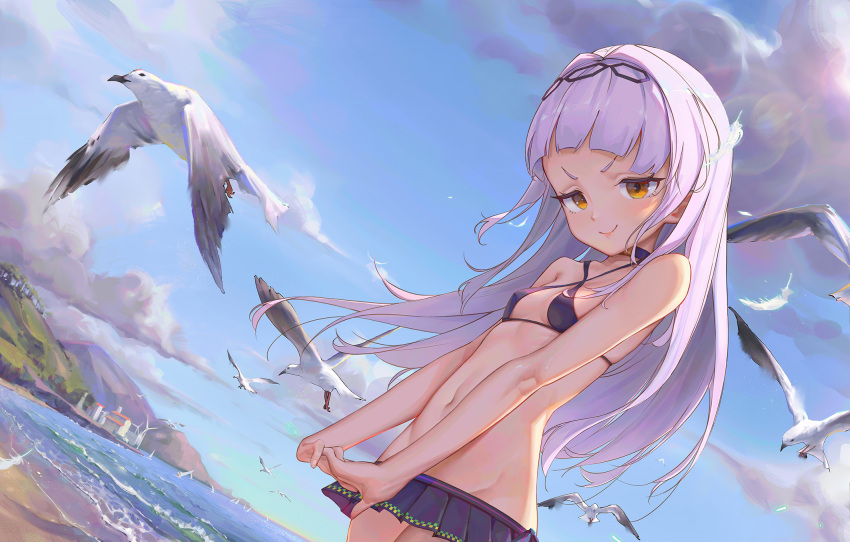 1girl bangs bare_arms bare_shoulders bikini bird blue_sky breasts bwh choker closed_mouth clouds criss-cross_halter day dutch_angle groin halterneck highres hololive light_smile long_hair looking_at_viewer lowleg microskirt murasaki_shion navel ocean outdoors pleated_skirt purple_bikini purple_skirt seagull silver_hair skirt sky small_breasts solo standing stomach summer swimsuit virtual_youtuber wind yellow_eyes