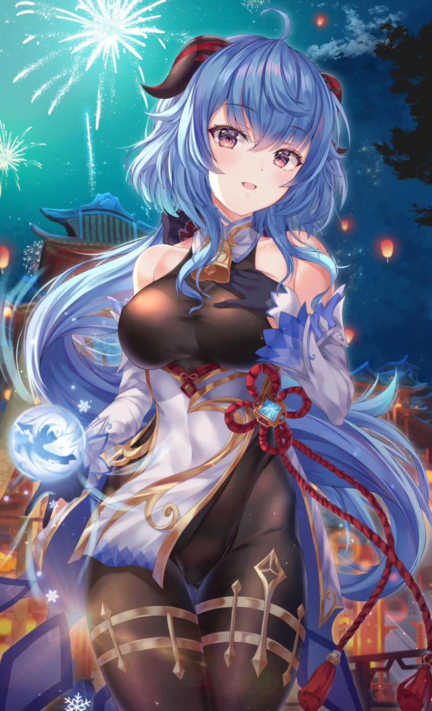 1girl aerial_fireworks ahoge bare_shoulders bell blue_hair bnari breasts brown_legwear brown_leotard cowbell cowboy_shot detached_sleeves fireworks ganyu_(genshin_impact) genshin_impact goat_horns gold_trim highres horns large_breasts leotard long_hair long_sleeves looking_at_viewer low_ponytail night open_mouth outdoors pantyhose pelvic_curtain red_eyes smile solo standing very_long_hair vision_(genshin_impact)