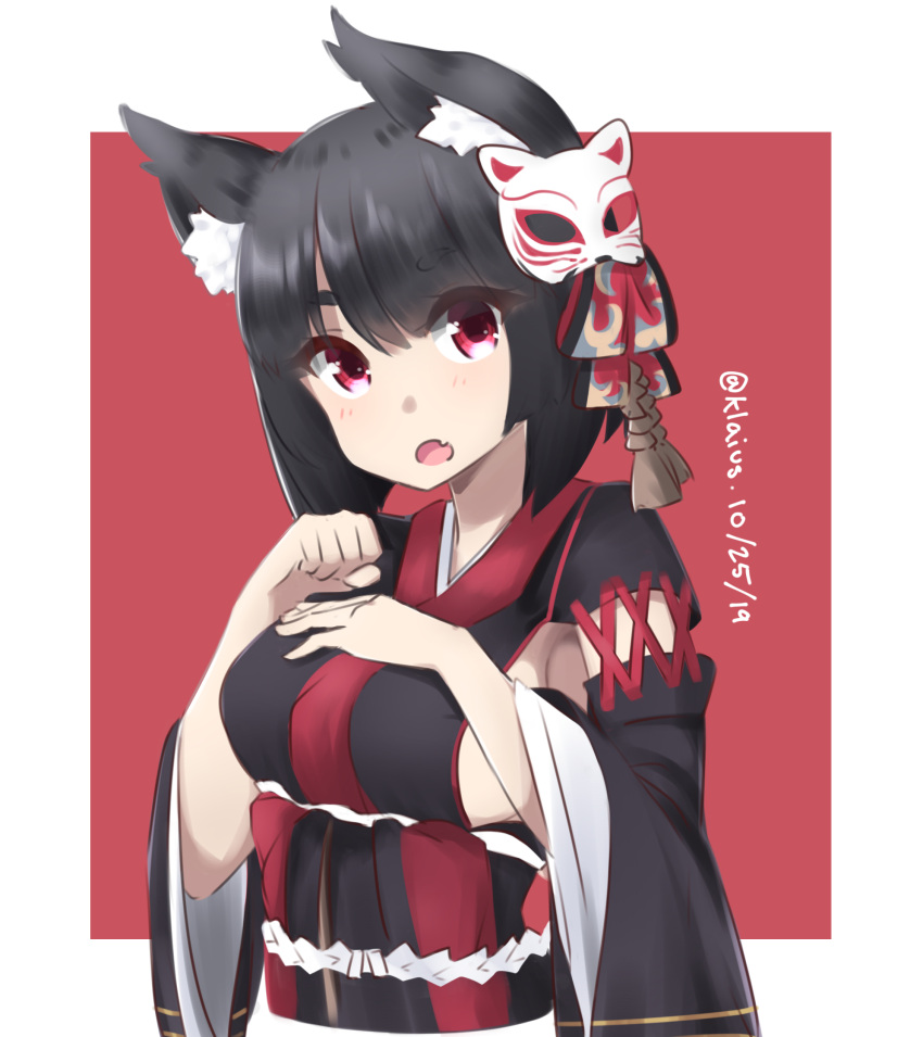 1girl animal_ears azur_lane black_hair bob_cut border breast_suppress breasts cat_ears dated detached_sleeves fang hands_up head_tilt highres japanese_clothes kimono klaius large_breasts long_sleeves looking_at_viewer mask mask_on_head open_mouth paw_pose red_background red_eyes sideboob skin_fang solo twitter_username upper_body white_border wide_sleeves yamashiro_(azur_lane)