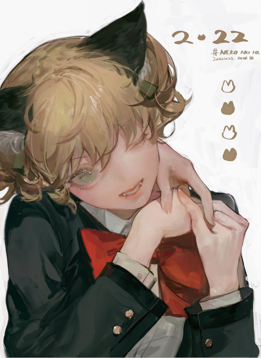 1girl 1other ;) animal_ear_fluff animal_ears bangs black_jacket blonde_hair bow bowtie buttons cat_day cat_ears cat_girl collared_shirt daiba_nana dated dress_shirt eyebrows_visible_through_hair fangs fingernails green_eyes green_ribbon grin hair_between_eyes hair_ribbon hand_on_another's_shoulder hands_together hands_up head_tilt highres jacket kemonomimi_mode lips long_sleeves looking_at_viewer one_eye_closed open_clothes open_jacket own_hands_together red_bow red_neckwear ribbon school_uniform seishou_music_academy_uniform shirt short_hair shoujo_kageki_revue_starlight sketch smile solo_focus suzumi_(ccroquette) upper_body white_background white_shirt