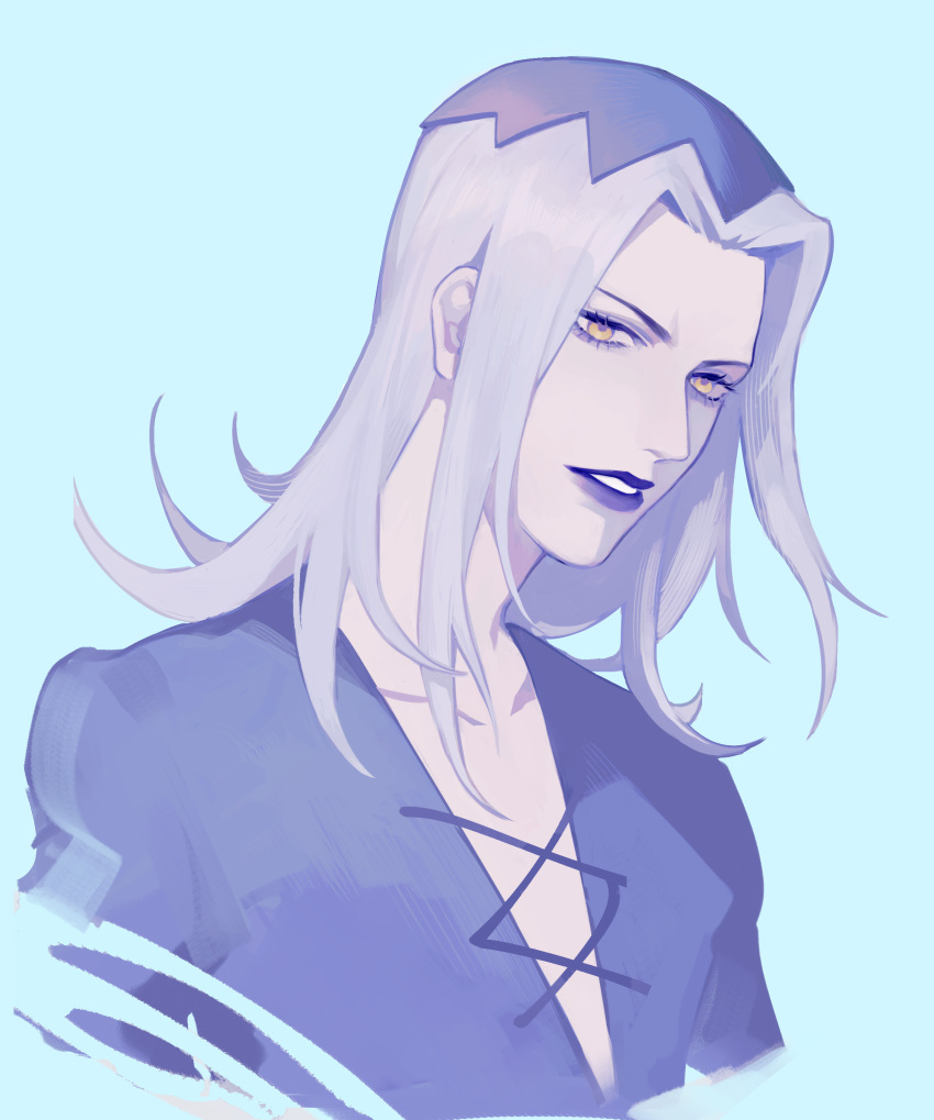 1boy absurdres blue_background collarbone cross-laced_clothes flipped_hair highres jojo_no_kimyou_na_bouken keke_ex leone_abbacchio long_hair looking_at_viewer male_focus multicolored_hair multiple_sources parted_lips plunging_neckline purple_hair purple_lips solo two-tone_hair upper_body vento_aureo white_hair yellow_eyes