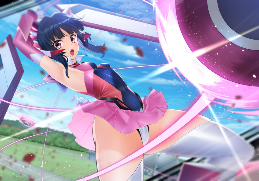 1girl armpits black_hair breasts breasts_apart covered_navel day detached_sleeves floating_hair highres leotard long_hair long_sleeves miniskirt nyanmaru open_mouth outdoors pink_eyes pink_skirt pink_sleeves pleated_skirt senki_zesshou_symphogear shiny shiny_hair sidelocks skirt skirt_lift small_breasts solo thigh-highs tsukuyomi_shirabe white_legwear