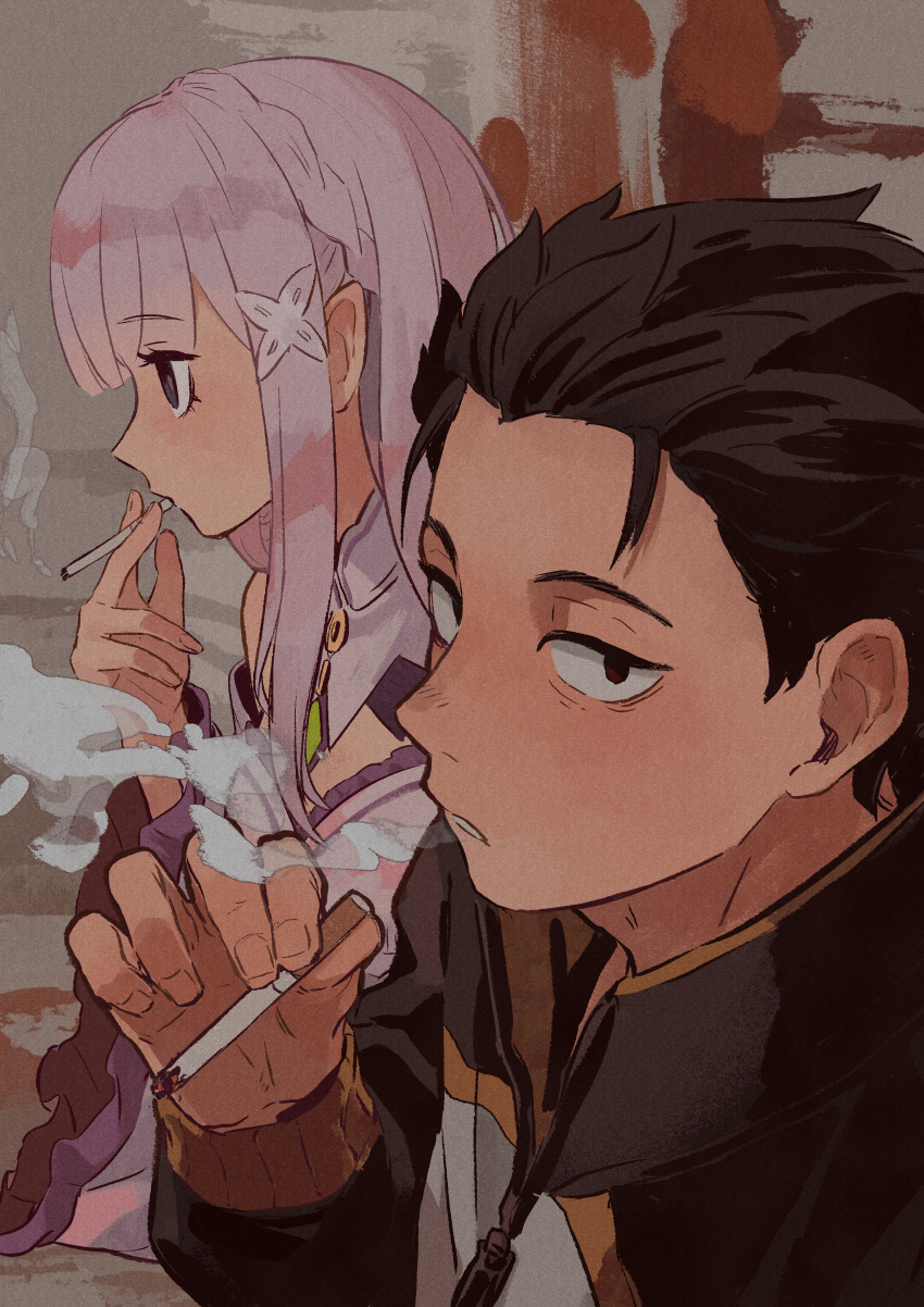 1boy 1girl absurdres bangs black_eyes black_hair cigarette commentary_request emilia_(re:zero) eyebrows_visible_through_hair eyelashes frills from_side gem hair_ornament hand_up highres holding holding_cigarette huge_filesize iwamushi jacket long_hair natsuki_subaru parted_lips purple_hair re:zero_kara_hajimeru_isekai_seikatsu short_hair sidelocks smoke smoking zipper_pull_tab