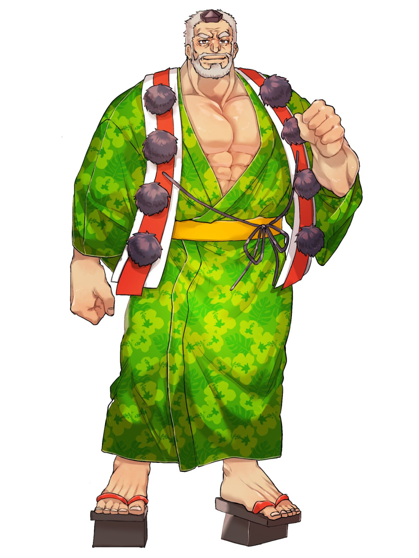 1boy abs arm_at_side beard clenched_hand facial_hair full_body green_kimono highres hogen_(tokyo_houkago_summoners) horns japanese_clothes kimono looking_at_viewer lostdog121 male_focus open_clothes open_shirt pectorals single_horn solo standing tokyo_houkago_summoners white_background white_hair