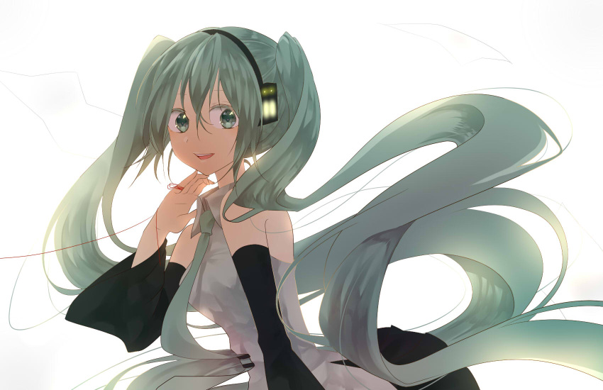 1girl absurdly_long_hair aqua_eyes aqua_hair aqua_neckwear bangs bare_shoulders black_hairband black_skirt breasts collared_shirt commentary_request cowboy_shot detached_sleeves dress_shirt grey_shirt hair_between_eyes hairband hand_on_own_chin hatsune_miku highres long_hair looking_at_viewer medium_breasts necktie open_mouth pleated_skirt profile shinknar831 shirt simple_background skirt sleeveless sleeveless_shirt smile solo thread tie_clip twintails upper_body upper_teeth very_long_hair vocaloid white_background