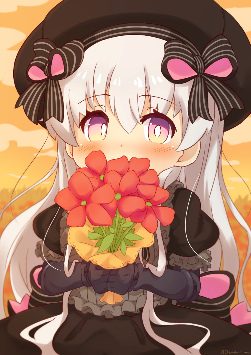 1girl absurdres bangs beret black_bow black_dress black_gloves black_headwear blush bouquet bow commentary_request covered_mouth doll_joints dress elbow_gloves eyebrows_visible_through_hair fate/extra fate_(series) flower gloves hair_between_eyes hair_bow hat highres holding holding_bouquet joints long_hair nursery_rhyme_(fate) outdoors puffy_short_sleeves puffy_sleeves red_flower short_sleeves silver_hair solo striped striped_bow sunset twitter_username very_long_hair violet_eyes yuya090602